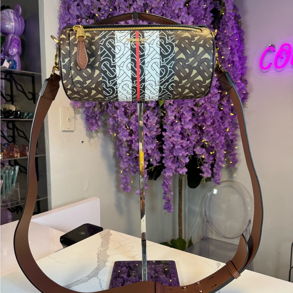 BURBERRY E-Canvas Monogram Stripe The Barrel Bag Bridle Brown